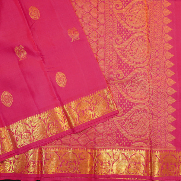 Peach pink Kanchipuram silk saree with gold annam and chakaram butta motifs, rich zari pallu, and traditional temple border – perfect for bridal and festive wear from Vivaaha Silks.
