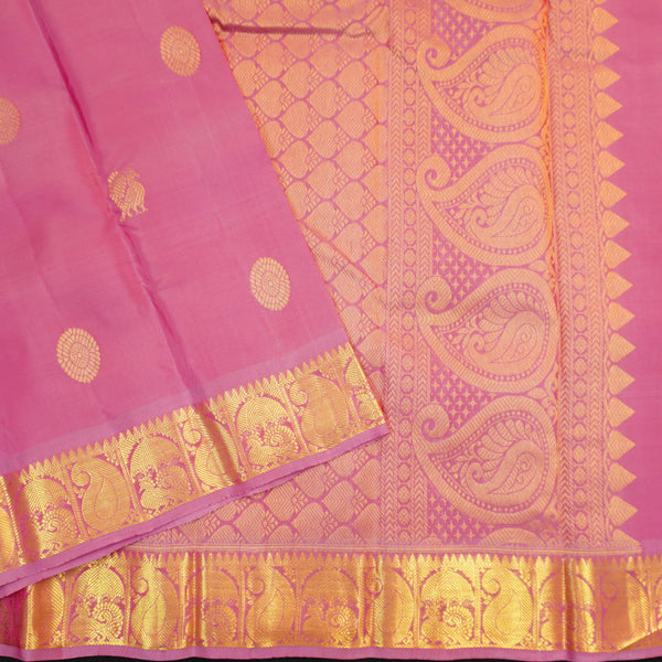 Baby pink Kanchipuram silk saree from Vivaaha Silks budget collection with golden annam and chakaram butta, rich zari pallu and traditional border.