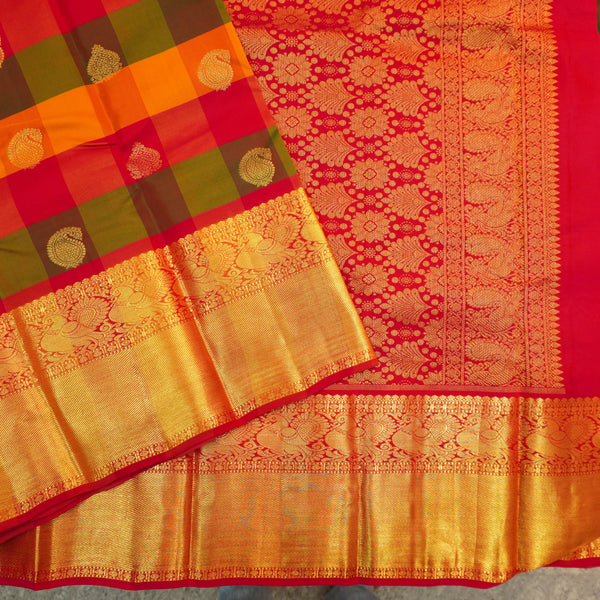 Classic Palum Pazham Kattam Kanchipuram silk saree from Vivaaha Silks with mango and thilagam butta, annam motif border, and rich red zari pallu.