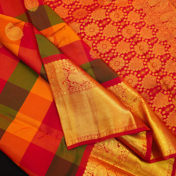 Classic Palum Pazham Kattam Kanchipuram silk saree from Vivaaha Silks with mango and thilagam butta, annam motif border, and rich red zari pallu.