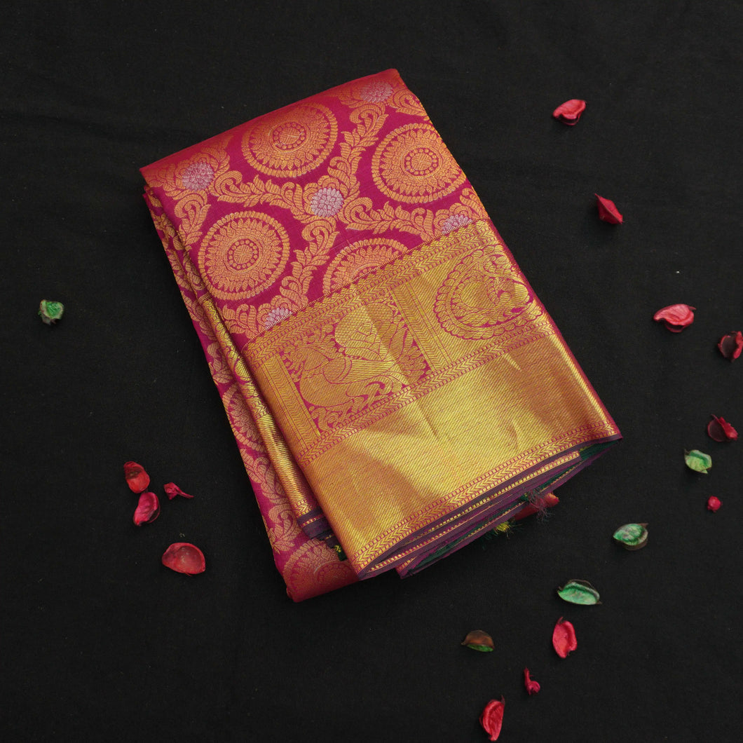 Rani Pink Bridal Kanchipuram Silk Saree with Gold Zari Brocade
