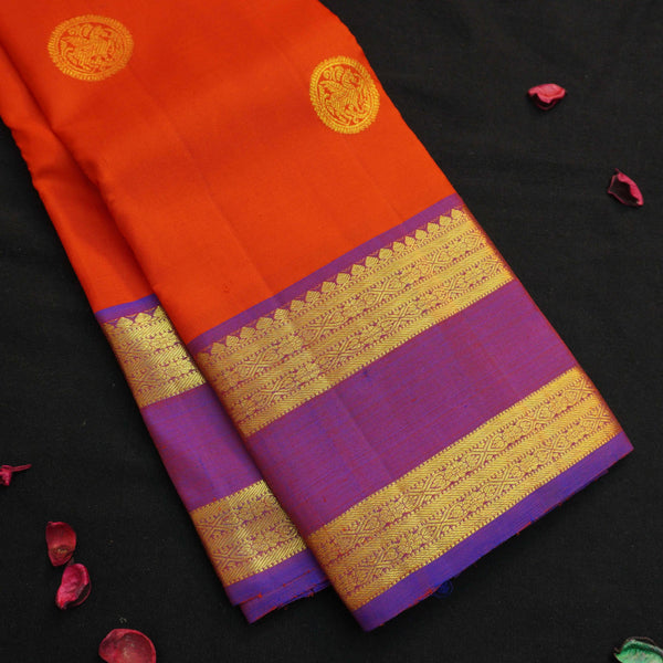 Chilli Red Kanchipuram Silk Saree with Double Border & Butta Motif - Vivaaha Silks & Sarees