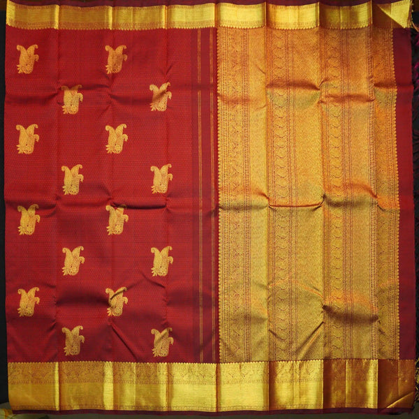 Wine Red Samudrika Kanchipuram Silk Saree with Gold Zari Butta - Vivaaha Silks & Sarees