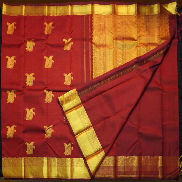 Wine Red Samudrika Kanchipuram Silk Saree with Gold Zari Butta - Vivaaha Silks & Sarees