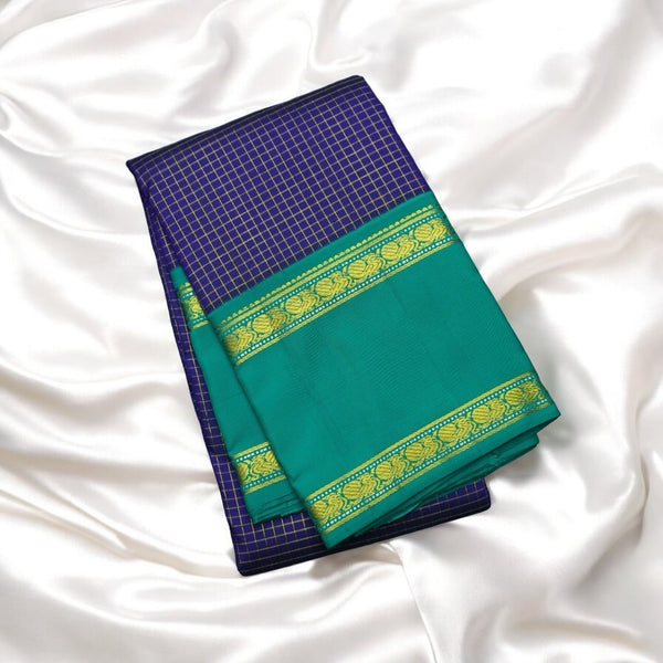 Violet Kanchipuram Silk Saree with Peacock Green Retta Pettu Border & Zari Checks