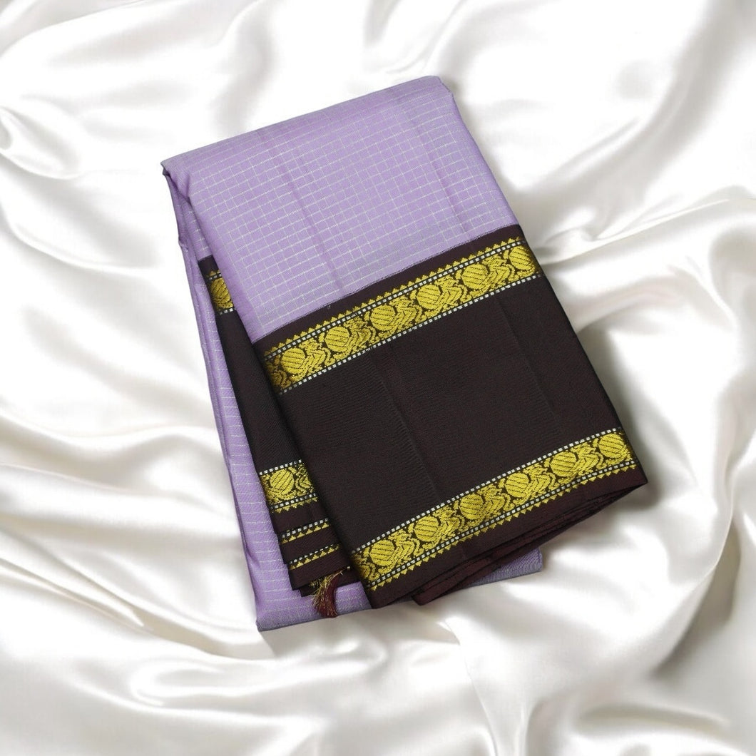 Elegant Lavender Kanchipuram Silk Saree with Dark Brown Retta Pettu Border & Zari Checks