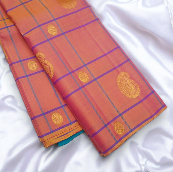 Peach Borderless Kanchipuram Silk Saree with Gold Zari Motifs