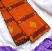 Load image into Gallery viewer, Orange with Maroon Borderless Kanchipuram Silk Saree with Gold Zari Motifs
