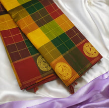 Load image into Gallery viewer, Palum Pazhamum Kanchipuram Silk Saree with Gold Zari Checks and Peacock Motifs
