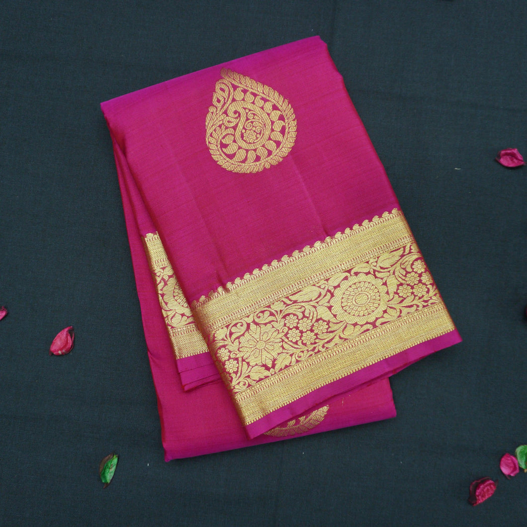 Rani Pink Kanchipuram Silk Saree with Paisley Motif and Floral Border - Vivaaha Silks & Sarees