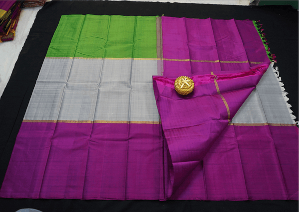 Maroon Grey Green Mubbagam Kanchipuram Silk Saree - Vivaaha Silks & Sarees