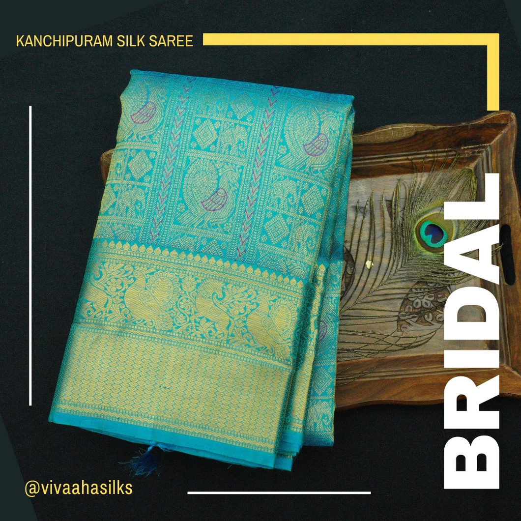 Sea Green Kanchipuram Bridal Silk Saree with Meena Work Design