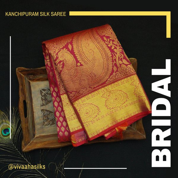 Araku Color Kanjivaram Bridal Silk Saree with Peacock Design