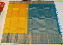 Load image into Gallery viewer, Yellow Kanchipuram Silk Saree Teal Blue Korvai
