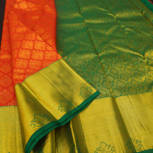 Load image into Gallery viewer, Bridal Kanchipuram silk sari in Green Border with Lotus Motifs, We do make Customized hand-woven silk sarees with Name Couple Name Printing and Couple Pictures.
