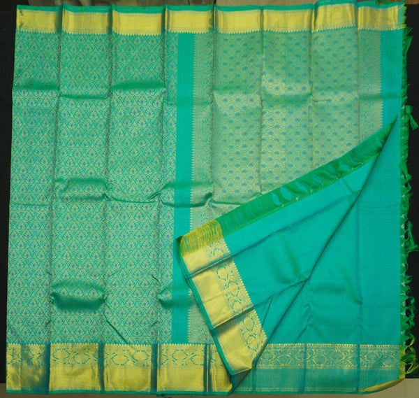 Ocean Green Bridal Kanjivaram Silk Sari with Traditional  Design
