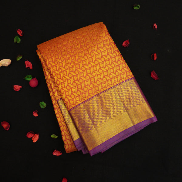 Orange Kanchipuram Bridal Silk Saree handwoven with pure gold zari 