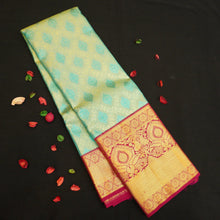 Load image into Gallery viewer, Misty Teal Kanchipuram Silk Saree Handwoven with Pure Gold Zari 
