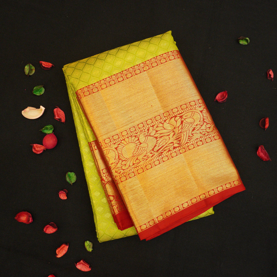 latest birdal kanjivaram silk sari in lemon green with red border