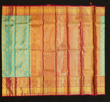 Load image into Gallery viewer, Misty Teal Kanchipuram Silk Saree Handwoven with Pure Gold Zari 
