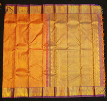 Load image into Gallery viewer, Orange Kanchipuram Bridal Silk Saree handwoven with pure gold zari 
