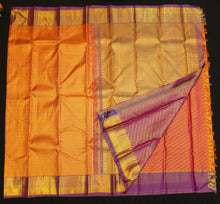 Load image into Gallery viewer, Orange Kanchipuram Bridal Silk Saree handwoven with pure gold zari 
