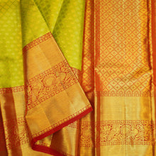 Load image into Gallery viewer, latest birdal kanjivaram silk sari in lemon green with red border
