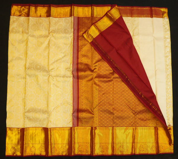 exclusive birdal kanjivaram silk sari in half white with maroon border