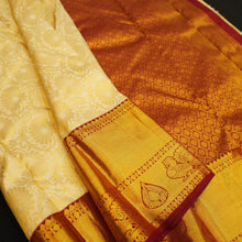Load image into Gallery viewer, exclusive birdal kanjivaram silk sari in half white with maroon border

