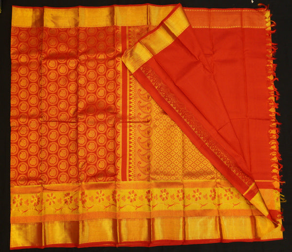 Chilli Red Kanjivaram Bridal Silk Saree with Dual Border Design