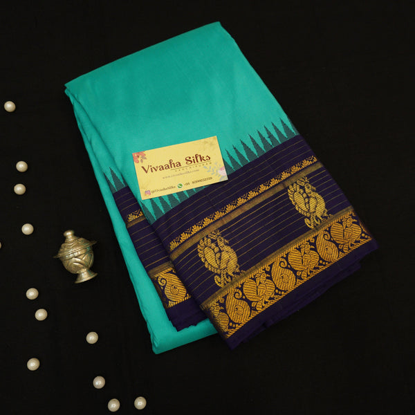 Classic Teal Blue Temple Korvai Kanchipuram Silk Saree  online sale at vivaaha silks