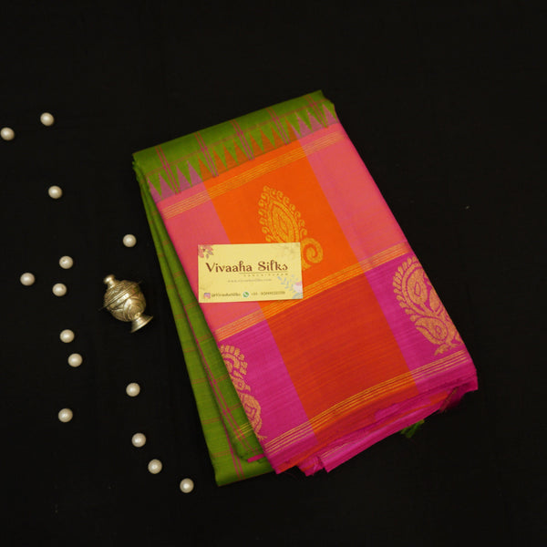 Temple Korvai Kanchipuram Silk Saree in Green with Checked Design - Vivaaha Silks & Sarees
