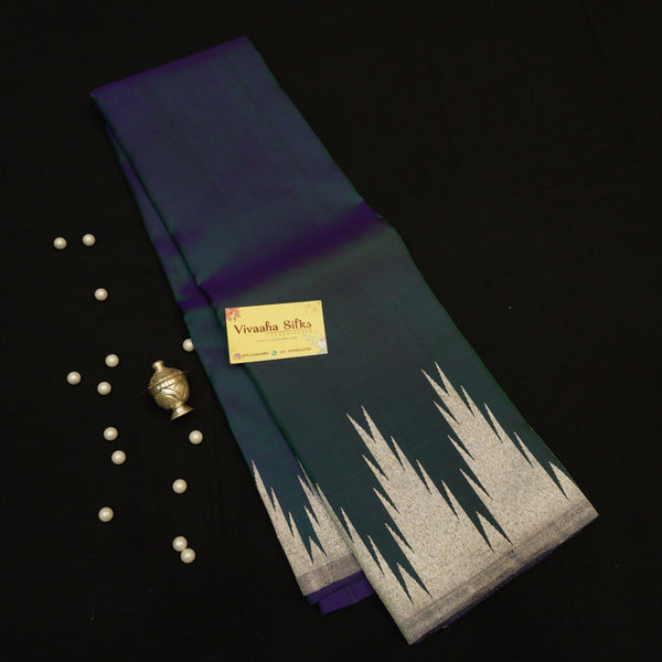 Silver Zari Temple Border Kanchipuram Silk Saree in Peacock Deep Blue - Vivaaha Silks & Sarees