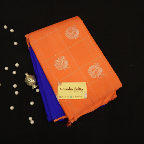 Kanchipuram Silk Saree in Blue with Pink Temple Korvai Border - Vivaaha Silks & Sarees