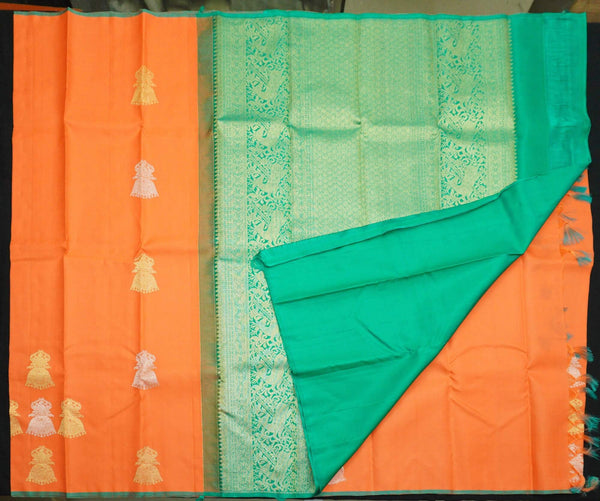 Borderless Kanchipuram Silk Saree in Orange with Gold & Silver Zari Butta