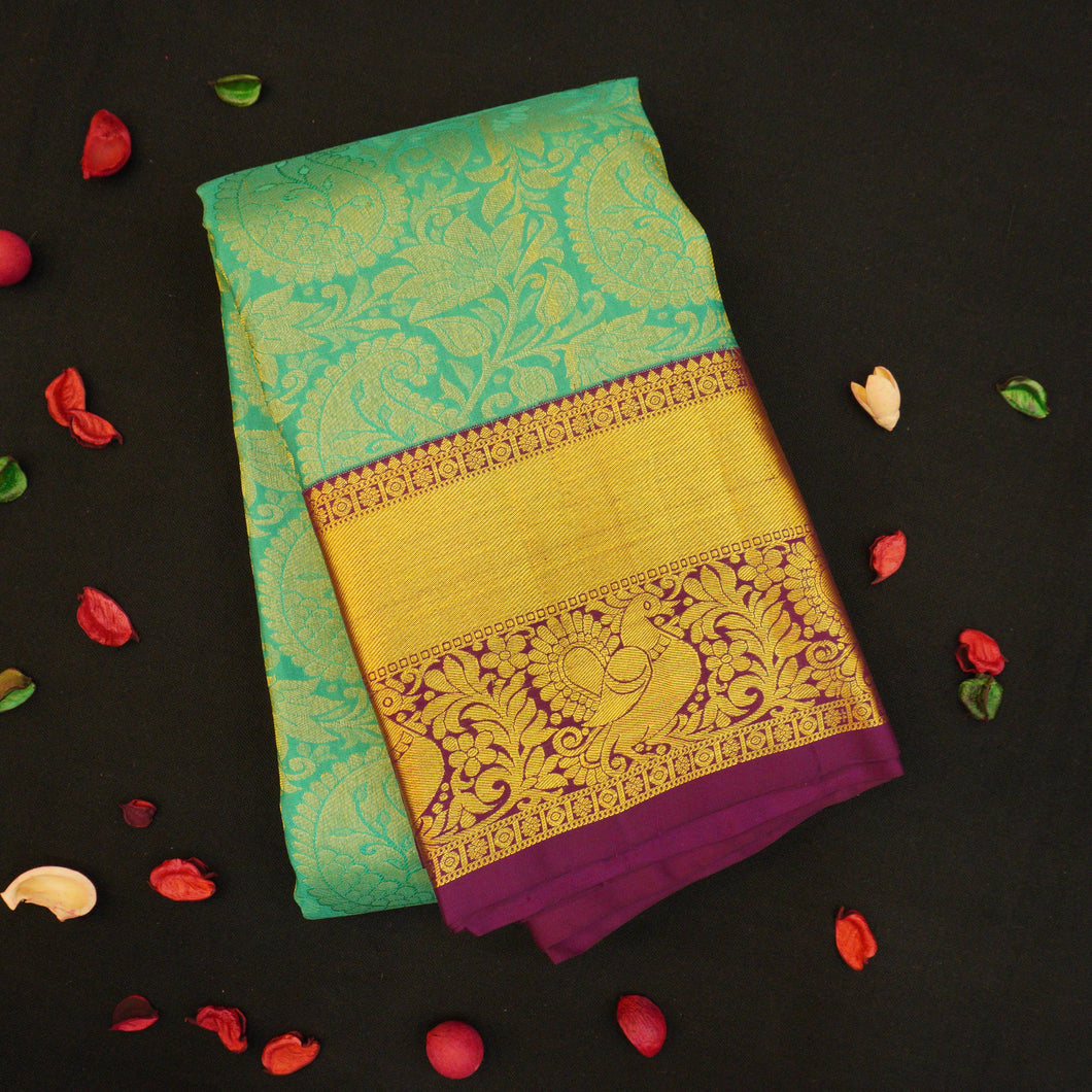Sea Green Bridal Silk Saree with Purple Korvai Border