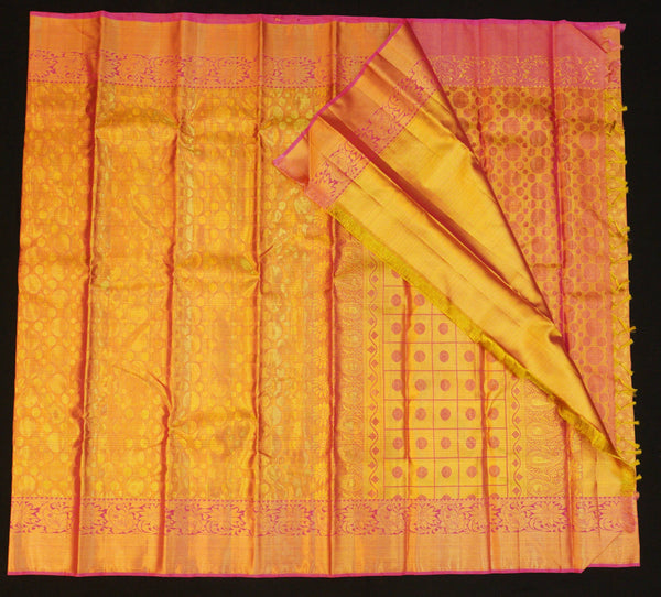 Gold Kanchipuram Silk Saree with Pink Border