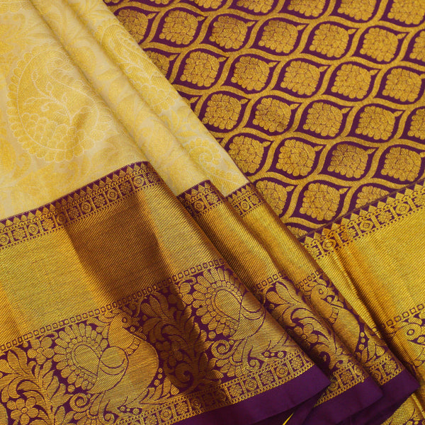 Half White Bridal Kanchipuram Silk Saree with Purple Border