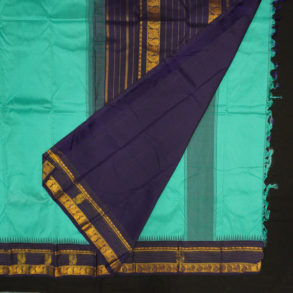 Classic Teal Blue Temple Korvai Kanchipuram Silk Saree with blouse online sale at vivaaha silks