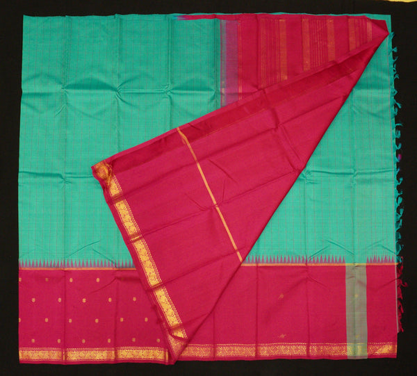 Kanchipuram Silk Saree in Teal Blue with Rose Temple Korvai Border - Vivaaha Silks & Sarees