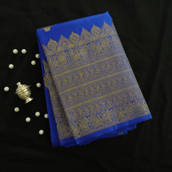 Truning Border Kanchipuram Silk Saree in Blue with Gold Zari - Vivaaha Silks & Sarees