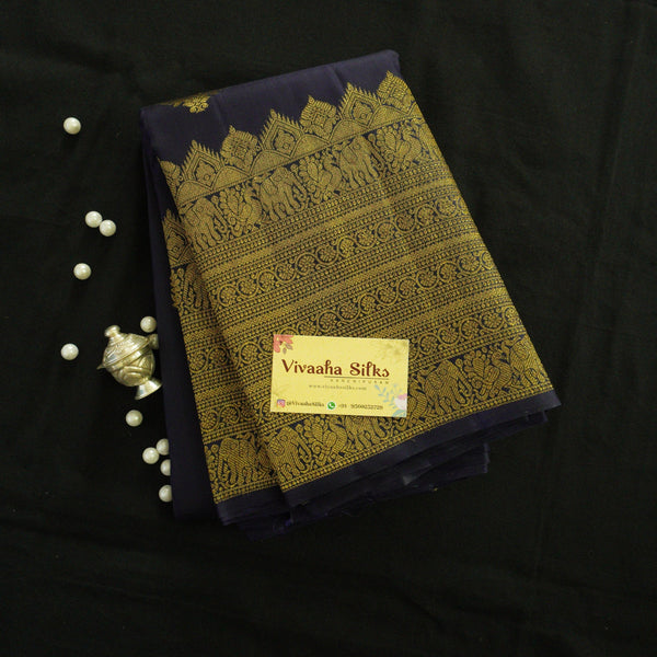 Truning Border Kanchipuram Silk Saree in Navy Blue with Gold Zari - Vivaaha Silks & Sarees