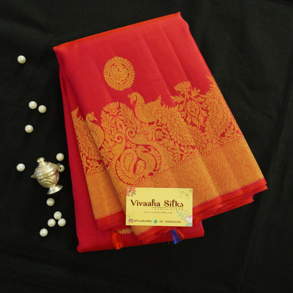 Turning Border Kanchipuram Silk Saree in Red with Gold Zari - Vivaaha Silks & Sarees