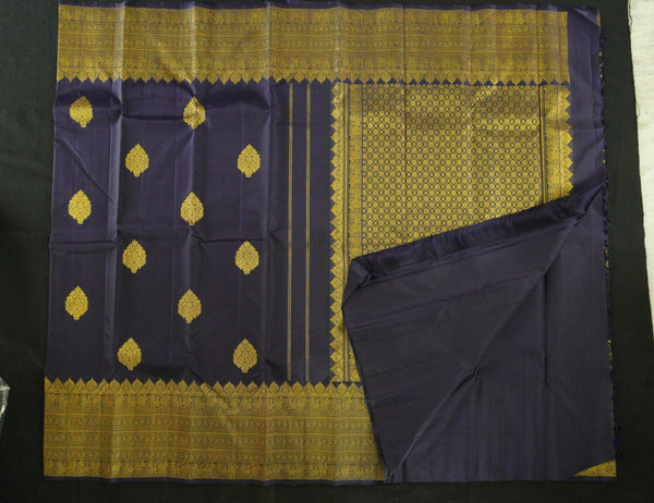 Truning Border Kanchipuram Silk Saree in Navy Blue with Gold Zari - Vivaaha Silks & Sarees