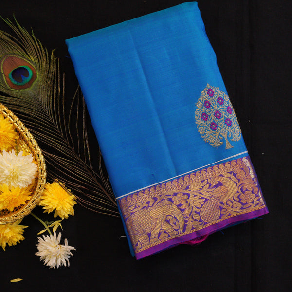 Traditional Border Kanchipuram Silk Saree in Blue Color with Butta Butta Design - Vivaaha Silks & Sarees