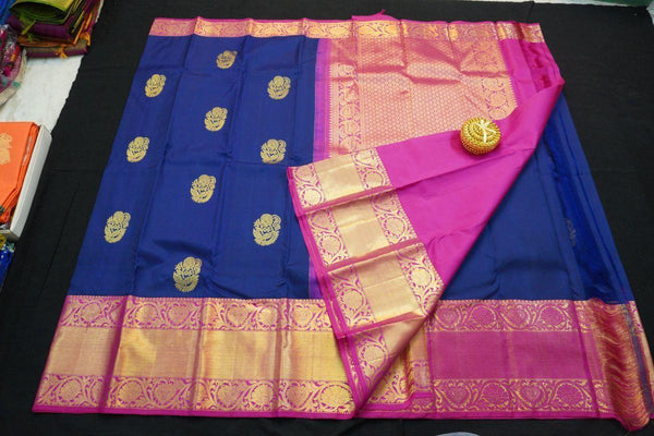 Kanchipuram Silk Saree in Royal Blue with Contrast Korvai Border in Gold Zari - Vivaaha Silks & Sarees
