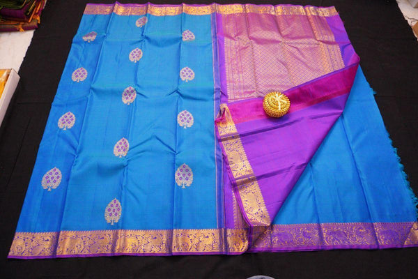 Traditional Border Kanchipuram Silk Saree in Blue Color with Butta Butta Design - Vivaaha Silks & Sarees