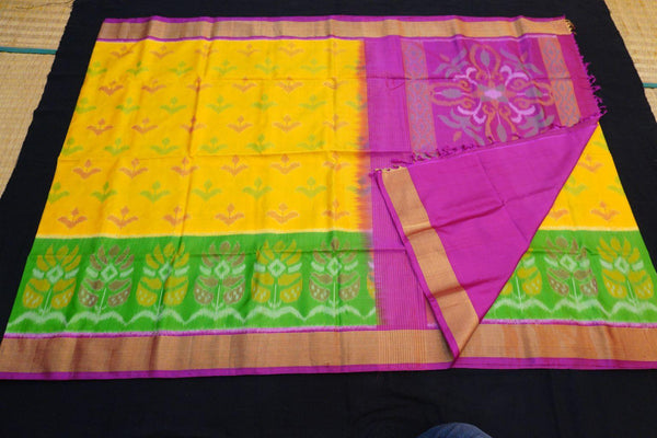 Pochampally Ikkat Soft Silk Saree in Yellow and Pink with Gold Zari Border - Vivaaha Silks & Sarees
