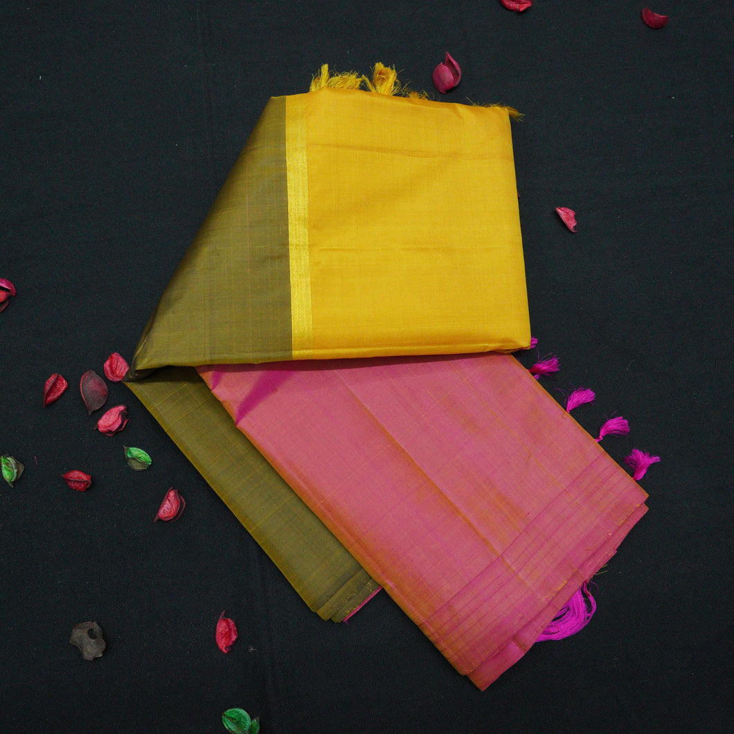 Olive Green, Mustard Yellow & Pink Muppagam Kanjivaram Silk Saree