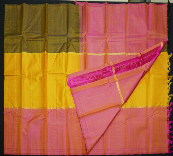 Olive Green, Mustard Yellow & Pink Muppagam Kanjivaram Silk Saree - Vivaaha Silks & Sarees